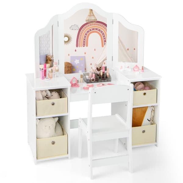 Barn Sminkbord och Stol Set, 41x16x46 cm, Rosa/Vit