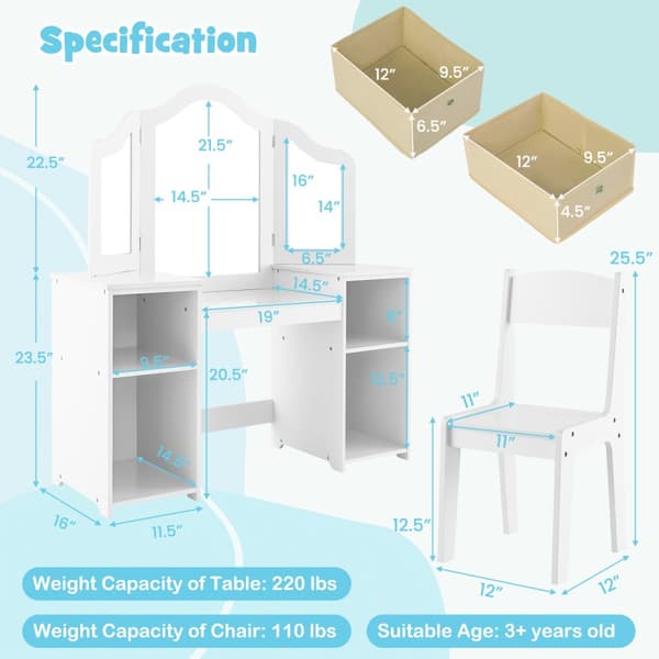 Barn Sminkbord och Stol Set, 41x16x46 cm, Rosa/Vit