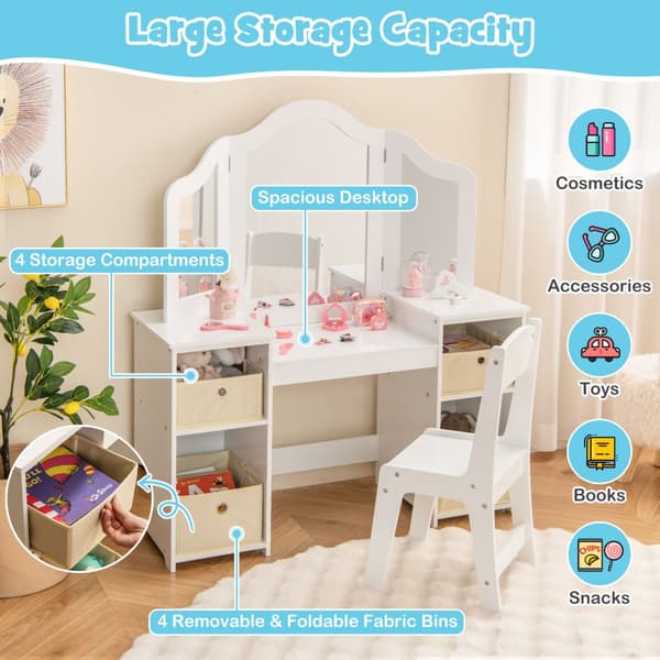 Barn Sminkbord och Stol Set, 41x16x46 cm, Rosa/Vit