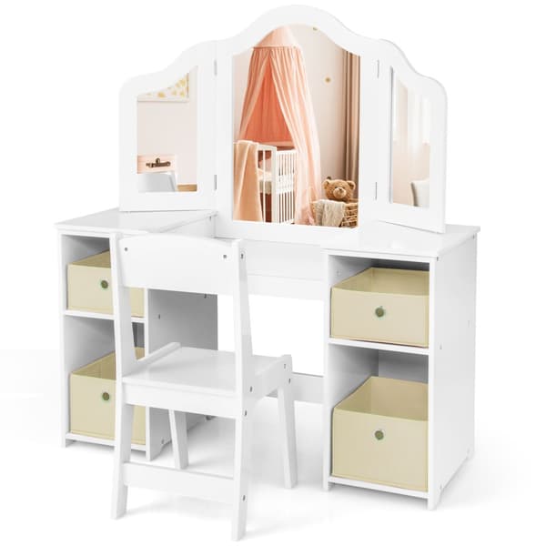 Barn Sminkbord och Stol Set, 41x16x46 cm, Rosa/Vit
