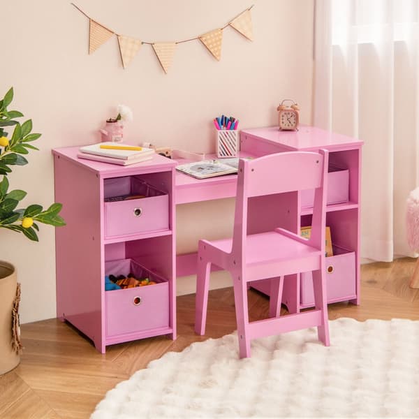 Sminkbord och Stolsset, 41x16x46 cm, Rosa/Vit