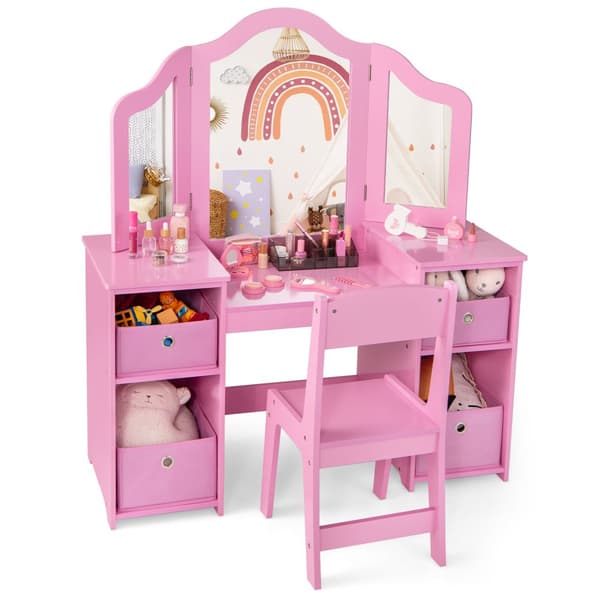 Sminkbord och Stolsset, 41x16x46 cm, Rosa/Vit