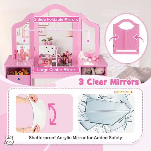 Toiletbord og Stol Sæt, 41x16x46 cm, Pink/Hvid