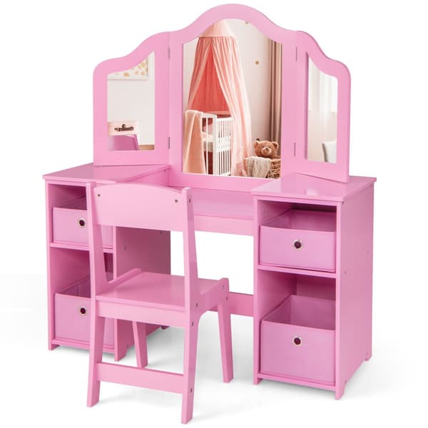 Toiletbord og Stol Sæt, 41x16x46 cm, Pink/Hvid