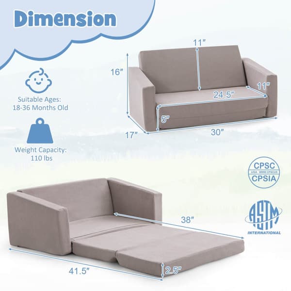 Barnens omvandlingsbar soffa, 30x17x16 tum, Grå