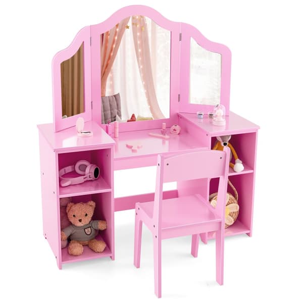 Toiletbord og Stol Sæt, 41x16x46 cm, Pink/Hvid
