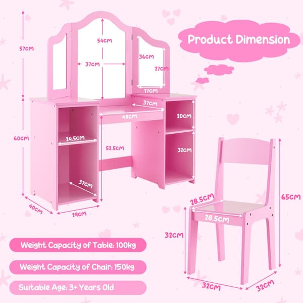 Toiletbord og Stol Sæt, 41x16x46 cm, Pink/Hvid