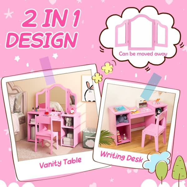 Toiletbord og Stol Sæt, 41x16x46 cm, Pink/Hvid