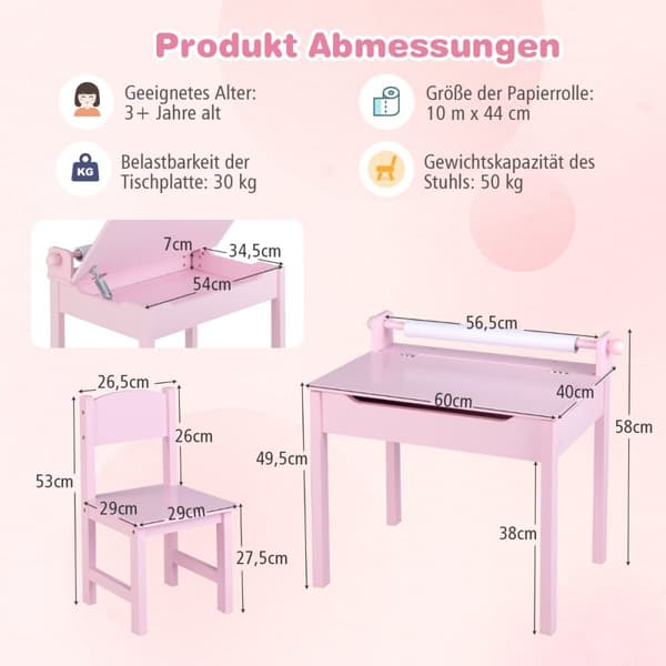 Børnebord og stol sæt, 60x40x58 cm, Pink