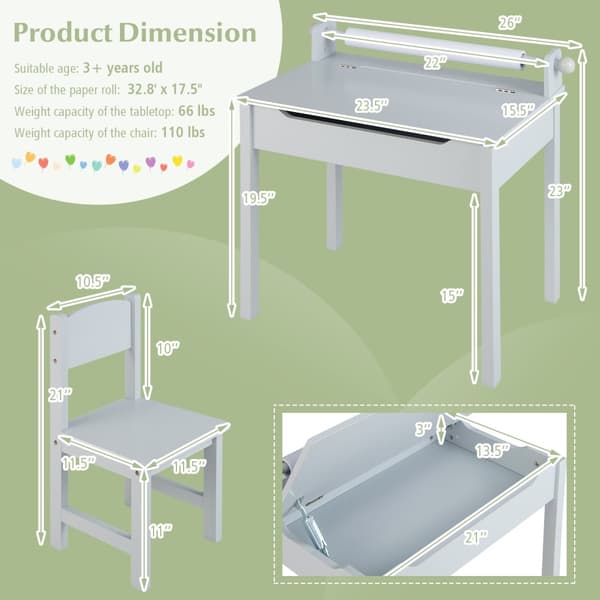 Barnbord och Stol Set, 26x15.5x23 tum, Grå/Vit