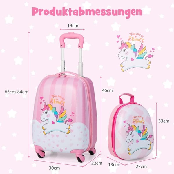 Kuffertsæt, Enhjørning 16'' Børnekuffert + 12'' Rygsæk, Pink