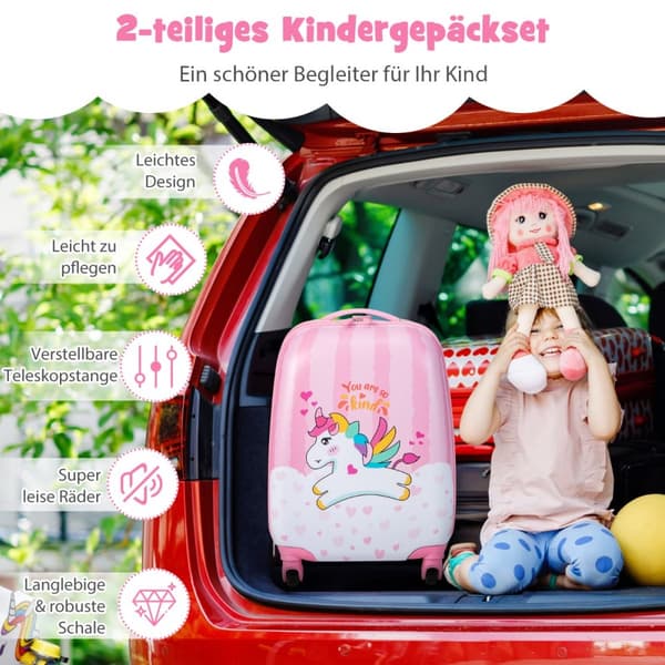 Kuffertsæt, Enhjørning 16'' Børnekuffert + 12'' Rygsæk, Pink