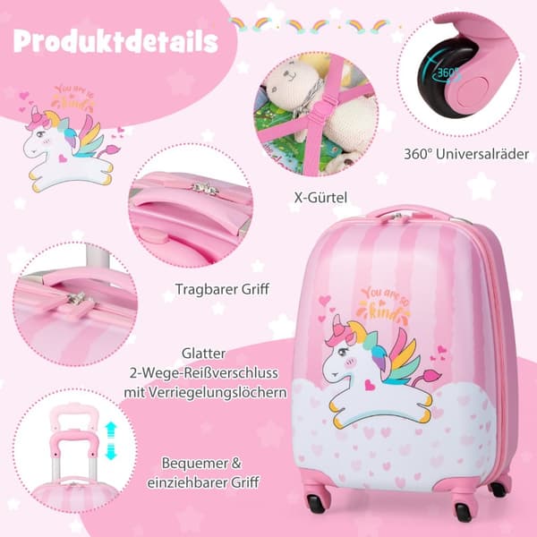 Kuffertsæt, Enhjørning 16'' Børnekuffert + 12'' Rygsæk, Pink