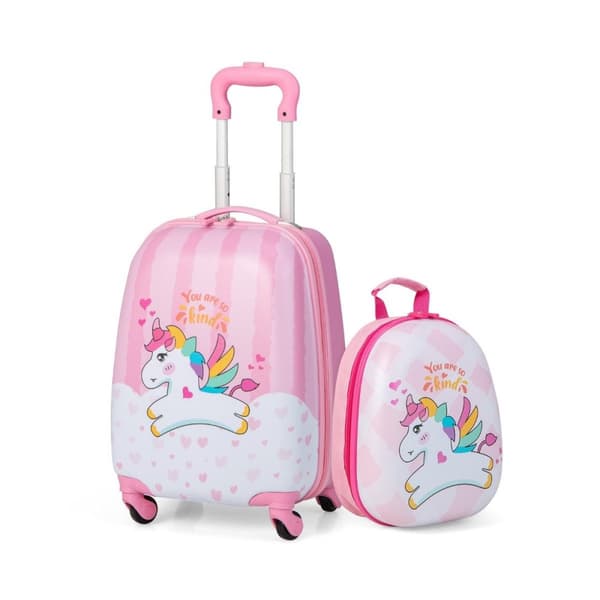 Kuffertsæt, Enhjørning 16'' Børnekuffert + 12'' Rygsæk, Pink