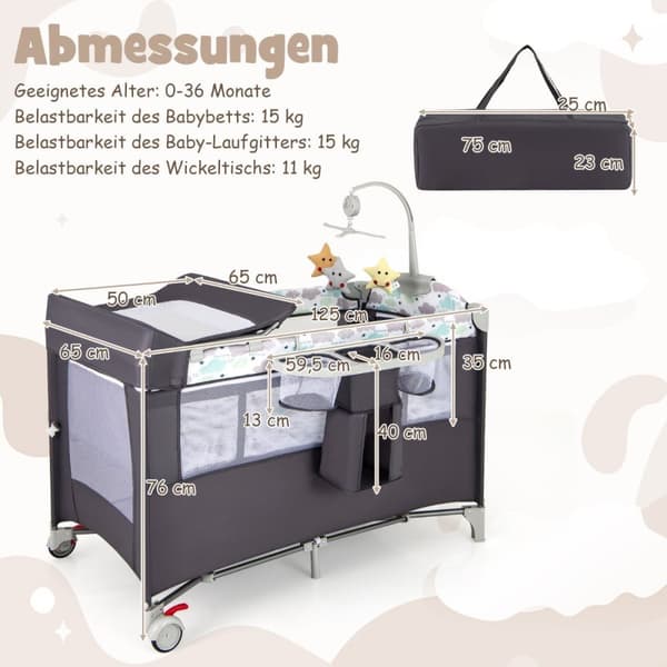 Rejsebabyseng, 125x65x76 cm, Grå