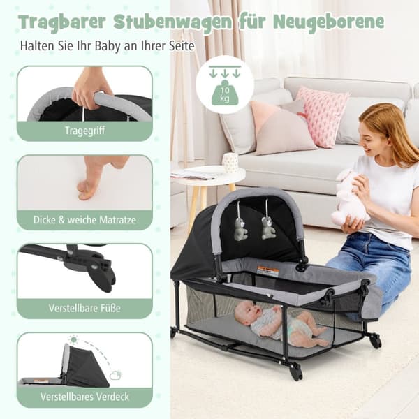 Transportabel baby seng, 110x78x78 cm, Sort + Grå