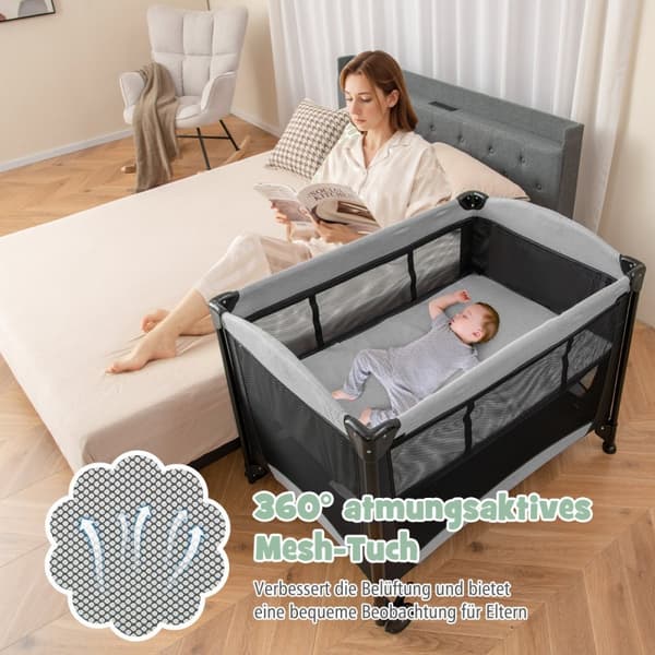 Transportabel baby seng, 110x78x78 cm, Sort + Grå