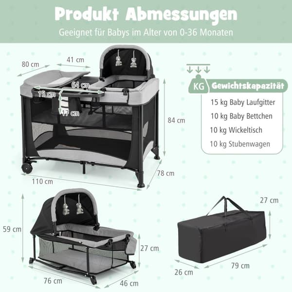 Transportabel baby seng, 110x78x78 cm, Sort + Grå