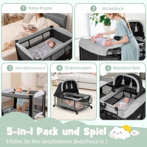 Transportabel baby seng, 110x78x78 cm, Sort + Grå
