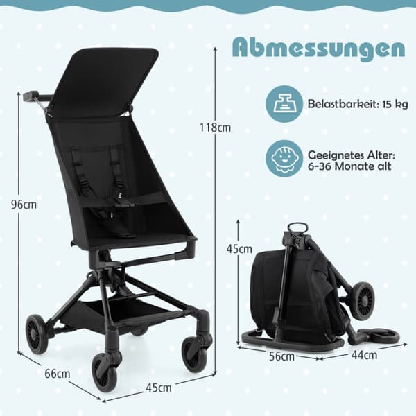 Hopfällbar Barnvagn, 66x45x118 cm, Svart
