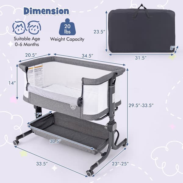 Spjälsäng Bedside Sleeper för baby, 87x63x85 cm, Grå