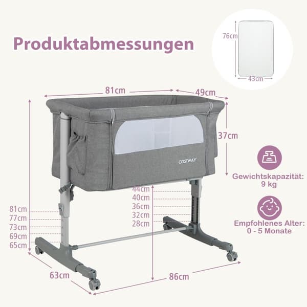Spjälsäng, 86x63x67/70/74/77/81 cm, Ljusgrå