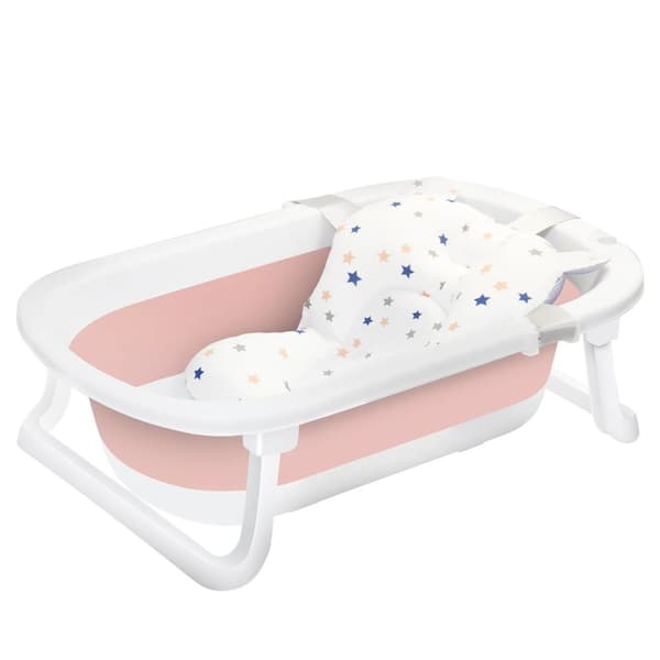 Fällbar Babybadkar, Nyfödd Kudde, Antisklid Pad,Rosa Vit