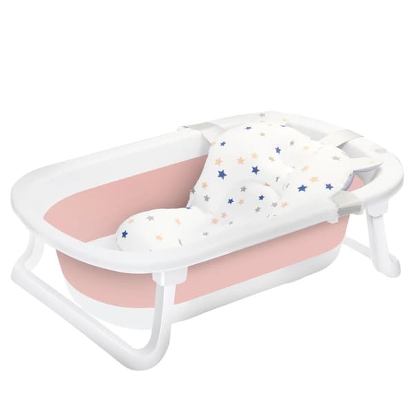 Fällbar Babybadkar, Nyfödd Kudde, Antisklid Pad,Rosa Vit