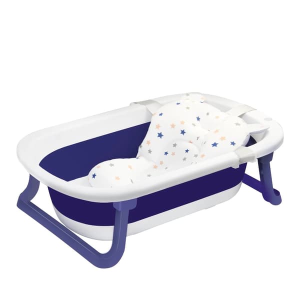 Foldbar Babybadekar, Nyfødt Pude, Antiskrid Pad,Blå Hvid