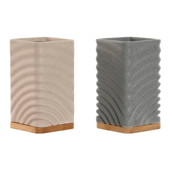 Toothbrush Holder Home ESPRIT Grey Cream Bamboo Dolomite 7 x 7 x 12 cm (2 Units)