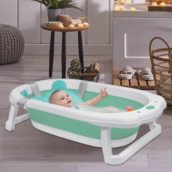 XMTECH Skalbart hopfällbart babybadkar 82x50x20cm - Kuddmatta Badkudde-Grön