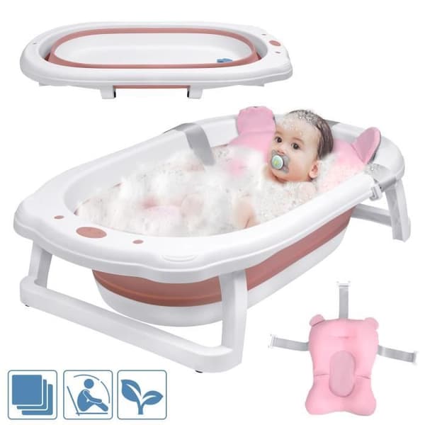 LZQ Babybadkar - Vikbart - med dräneringsnät - med badmatta - Lämplig för bebisar 0-8 år - Rosa
