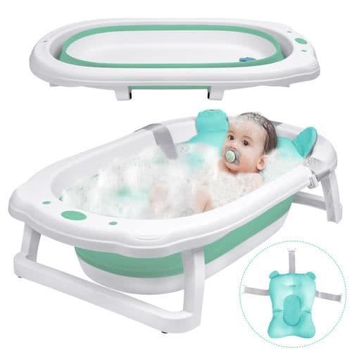 LZQ Babybadkar - Vikbart - med dräneringsnät - med badmatta - Lämplig för spädbarn 0-8 år - Grön