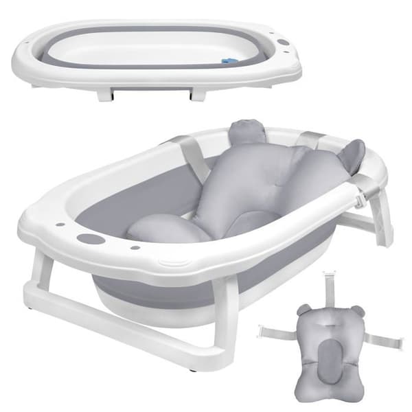 YUENFONG hopfällbart babybadkar med badkudde, ergonomiskt, halkfritt, för nyfödda, spädbarn 0 månader+, grått
