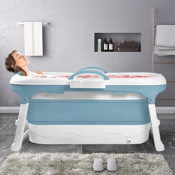 YUENFONG Hopfällbart badkar - Vuxen - Med avtagbart lock - Massagerulle - 148x62x53 cm - Blå