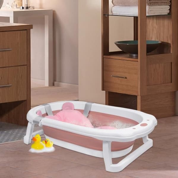 YUENFONG hopfällbart babysmåbarnsbadkar med badkudde - platsbesparande och bärbar - för barn 0-8 år - rosa