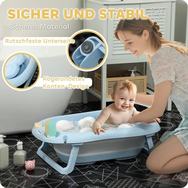 Rootz Baby Bath Tub - Foldbart - NUSLIP BABY BATH - SAFE MATERIALER - 83L X 48W X 23,5H cm - Blå - Ideel til let opbevaring og transport