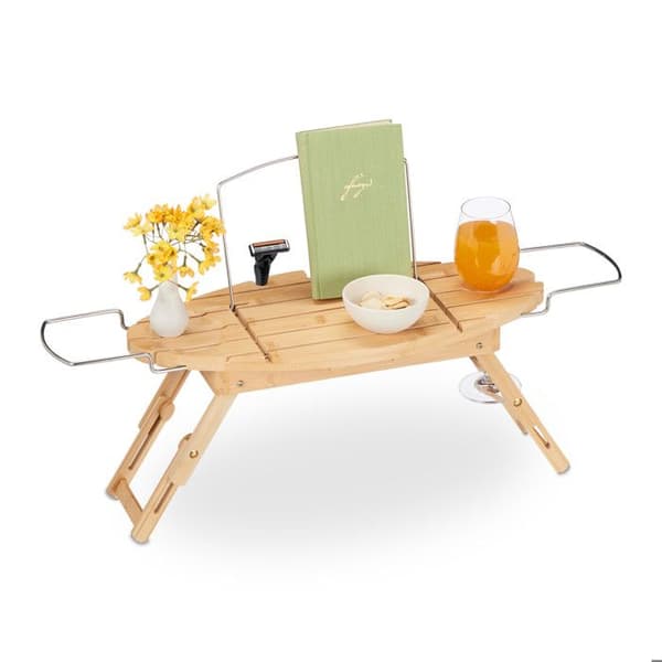 Relaxdays Badkarplanka, bambu och metall, justerbar (69-90 cm), bokstöd, hål för vin, ben, natur