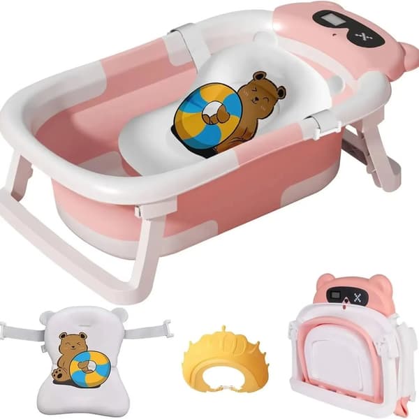 Miljövänlig Babybadkar, Fällbar Design, Temperatursindikator,Rosa