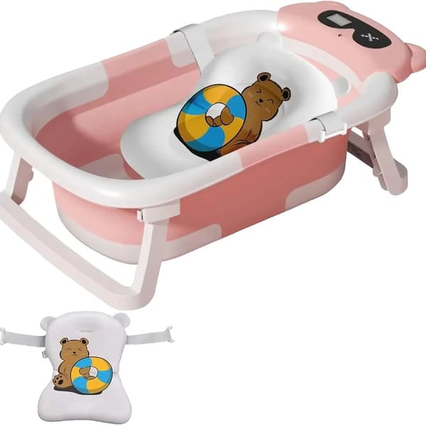 Miljövänlig Babybadkar, Fällbar Design, Temperatursindikator,Rosa