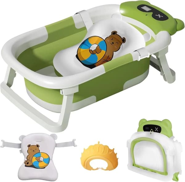 Miljövänlig Babybadkar, Fällbar Design, Temperatursindikator,Grön