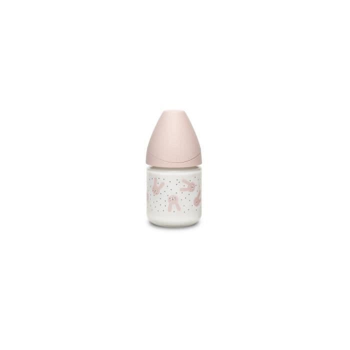 SUAVINEX Lasipullo 120 ml pyöreä hitaasti virtaava tutti - vaaleanpunainen kani