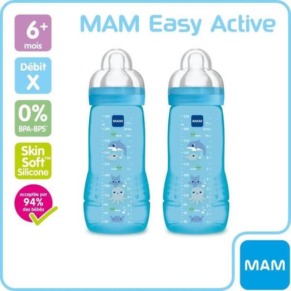 MAM Easy Active 2nd Age Colourful Baby Bottle - 330 ml - från 6 månader - Flow Teat X - Set med 2 - Boy