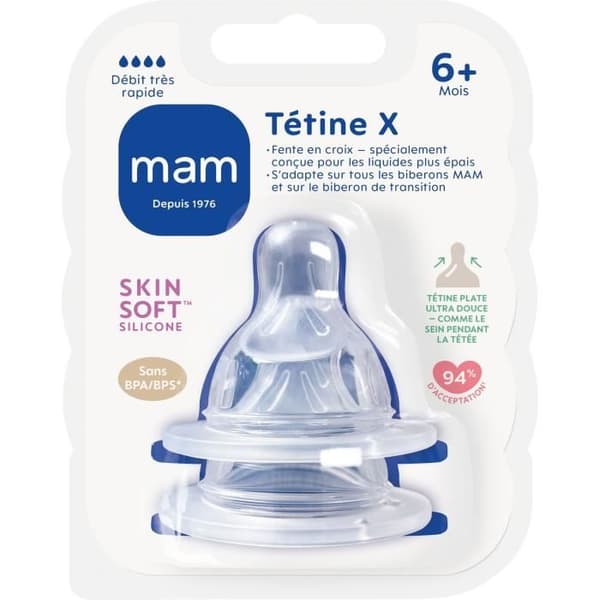 MAM Anatomical Teat - Fast X-Flow and Thick Liquid - Silikon - Förpackning med 2 - Transparent