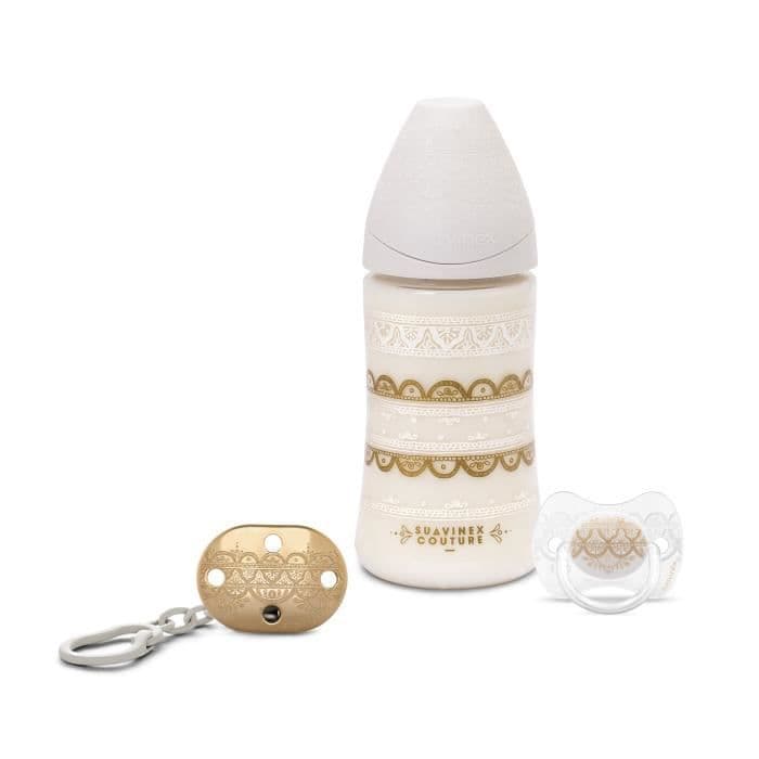 SUAVINEX Set Ethnic Bib 270ML + käännettävä silikoni tutti + tuttipidike - VALKOINEN