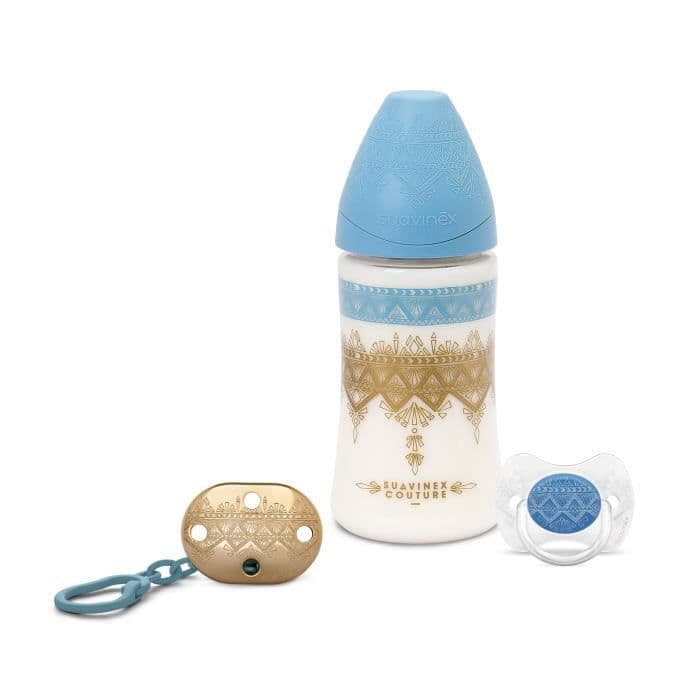 SUAVINEX Sæt Etnisk Bib 270ML + Vendbar silikone napp + Nappeklips - TURQUOISE