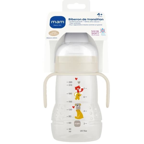 MAM Transition Bottle - 220 ml - från 4 månader - Mjuk spillbeständig silikonrör - Unisex