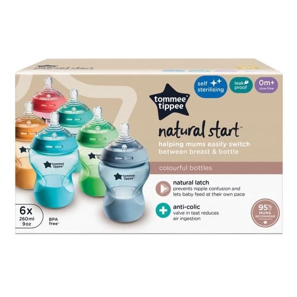 Tommee Tippee - Paket med 6 Closer to Nature-flaskor - Anti-kolik ventilspene - 260ml - Fluorescerande flerfärgad