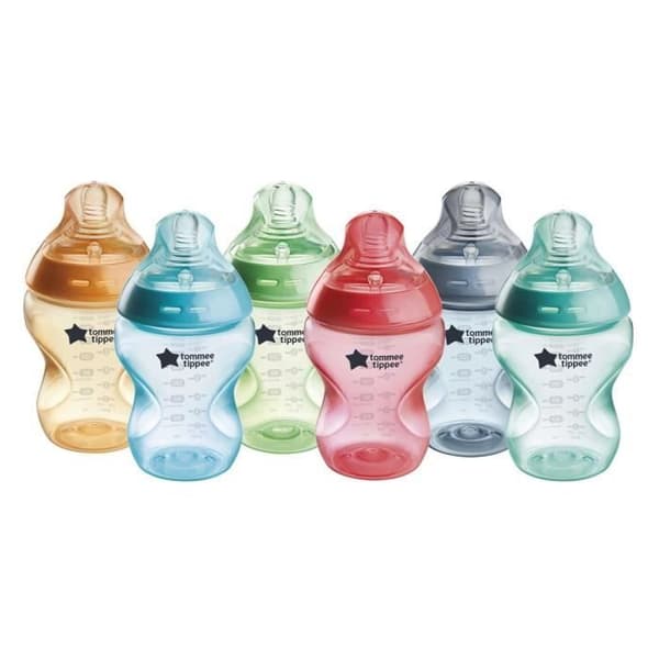 Tommee Tippee - Paket med 6 Closer to Nature-flaskor - Anti-kolik ventilspene - 260ml - Fluorescerande flerfärgad