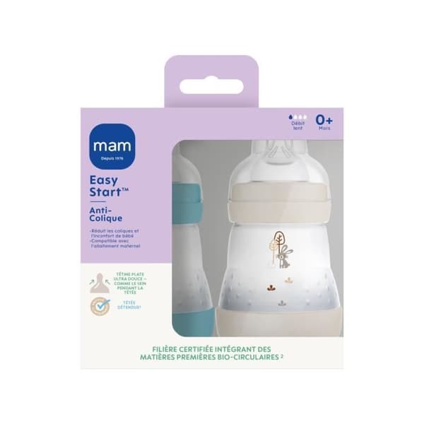 Set med 2 nappflaskor - MAM - Enkel start - Anti-kolik - 160 ml - Flow 1 napp - Ocean + Sand